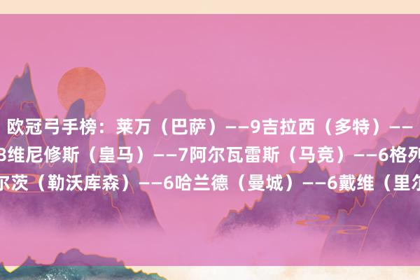 欧冠弓手榜：莱万（巴萨）——9吉拉西（多特）——9拉菲尼亚（巴萨）——8维尼修斯（皇马）——7阿尔瓦雷斯（马竞）——6格列兹曼（马竞）——6维尔茨（勒沃库森）——6哈兰德（曼城）——6戴维（里尔）——6约克雷斯（葡萄牙体育）——6凯恩（拜仁）——6    体育赛事直播